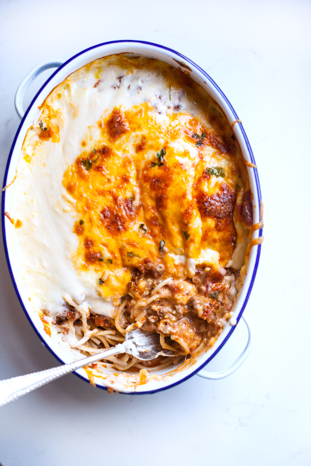 Fancy spaghetti bolognaise with grilled creamy cheese sauce on top - so damn delicious 
