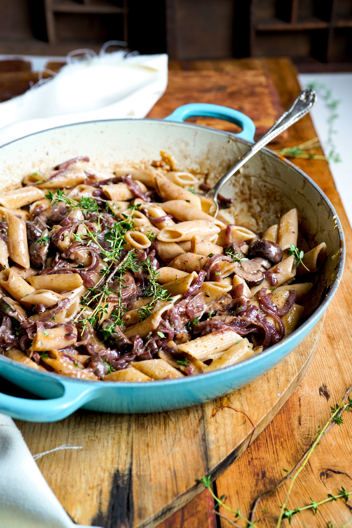 Tasty rustic french onion and mushroom dish recipe in cast iron pan