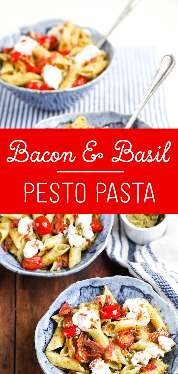 bacon and basil pesto pasta recipe served in bowl