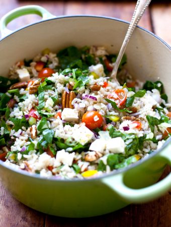 Warm and Healthy Brown Rice Salad with rainbow veggies