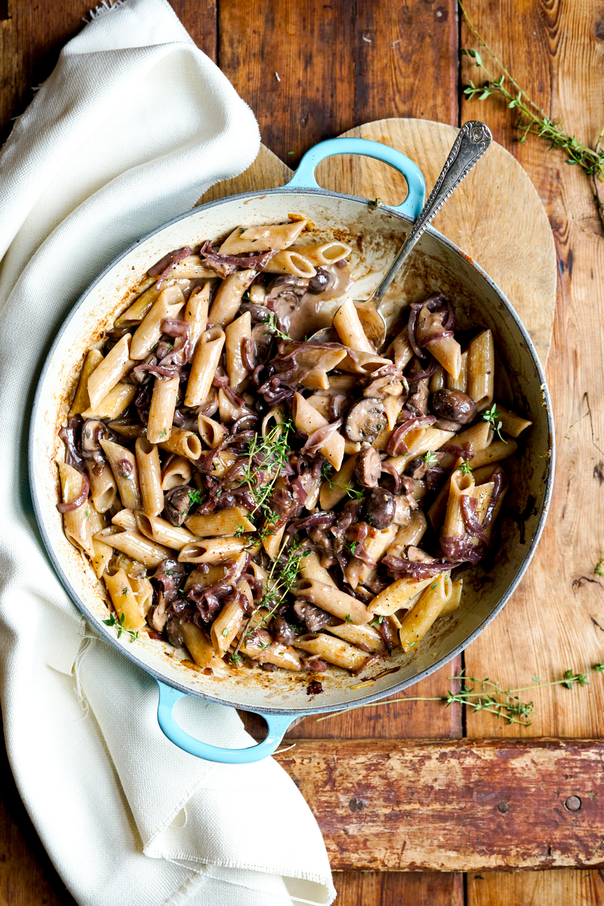Tasty rustic french onion and mushroom dish recipe in cast iron pan