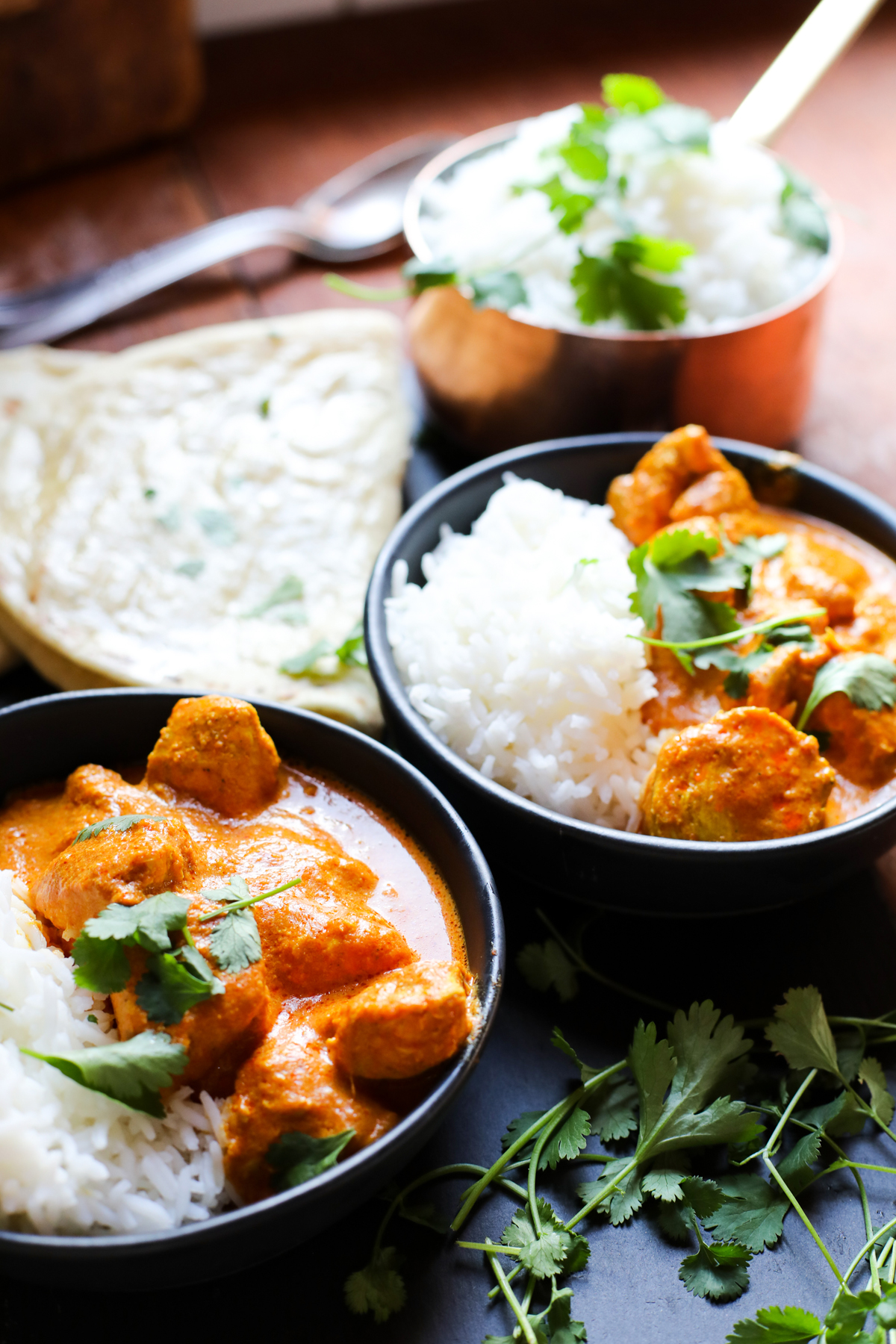Butter Chicken with Basmati Rice in Bowls