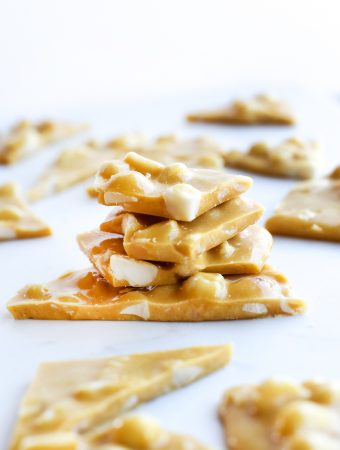 stacked up macadamia nut brittle