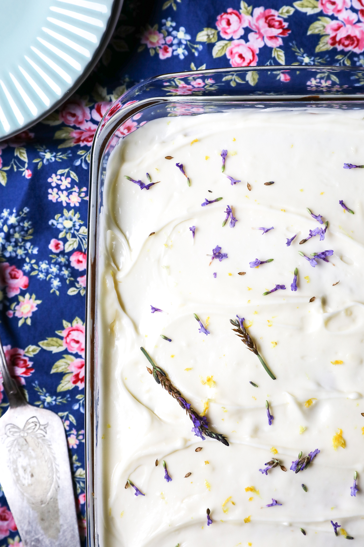 Lemon and Lavender Sheet Cake on Floral Fabric